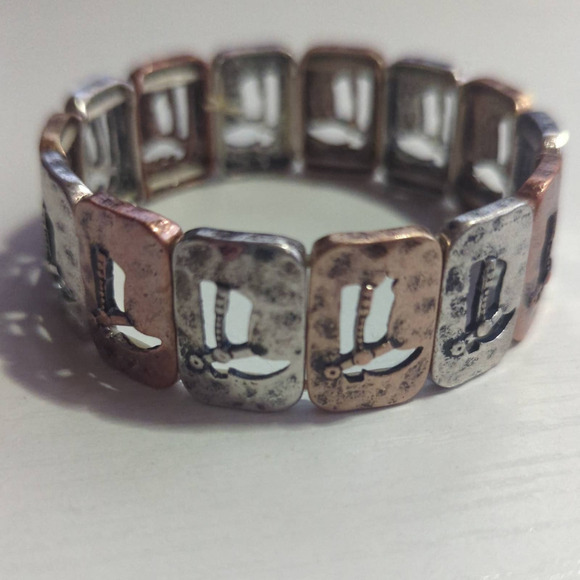 Multi Toned Stretch‎ Bracelet Cut Out Cowboy Boot Metallic Southern Rustic - Picture 1 of 5